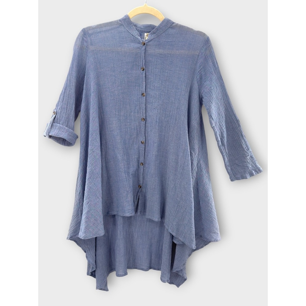 XCVI Blue Cotton Gauze Tunic Sharkbite Hem Boho Lagenlook Small Minimalist